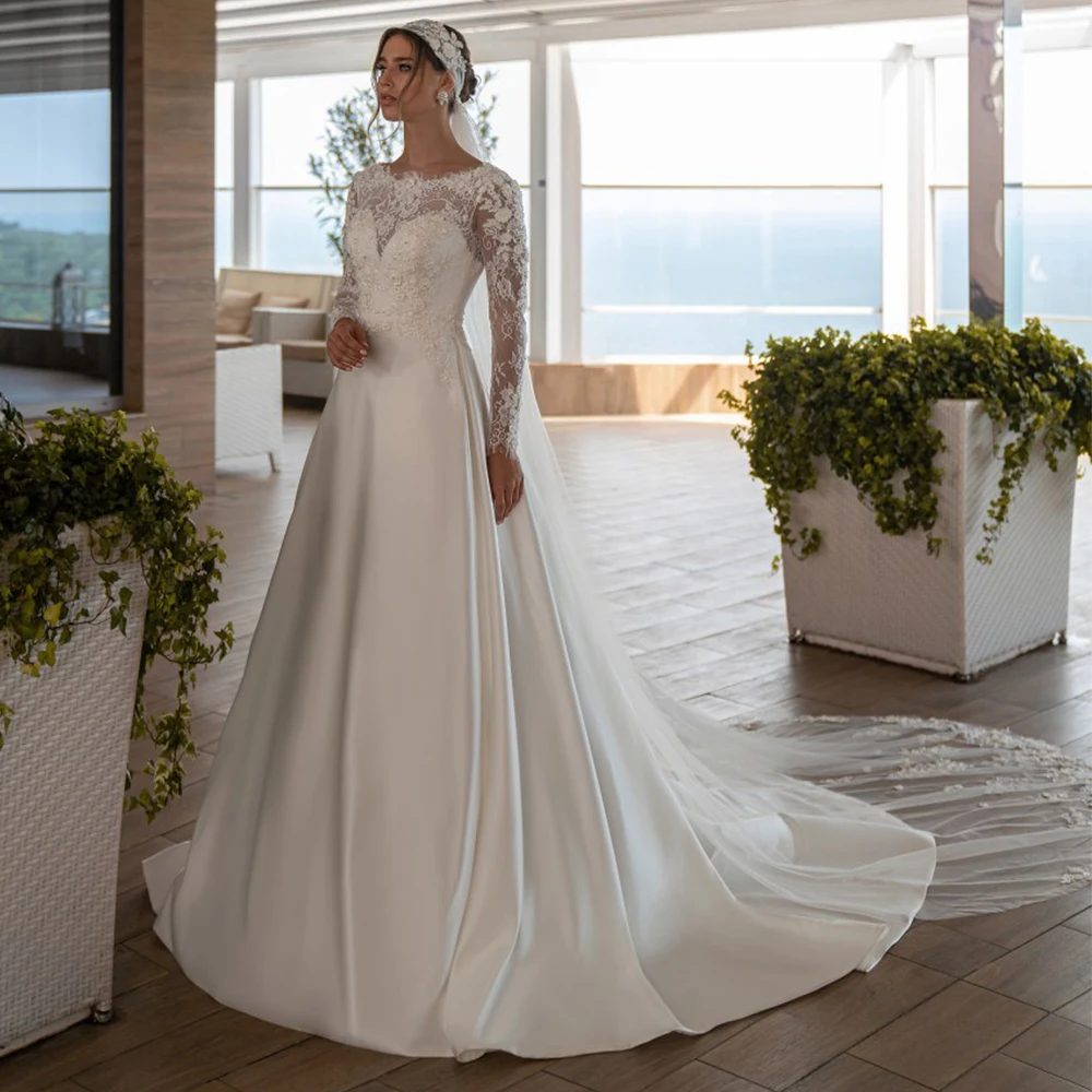 

RANMO Church Wedding Dress A Line Court Train Classic Lace Bridal Dress Bateau Applique Beaded Long Sleeves Gorgeous Bride Gown