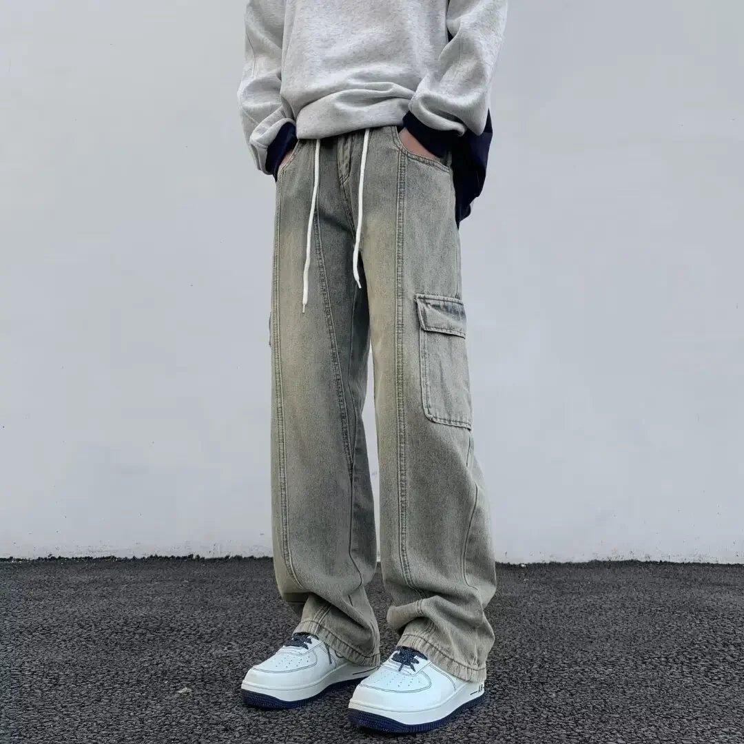 Vintage Distressed American Style Yeast Stained Drawstring Workwear Jeans For Men Women Elastic Waist Fit Straight Leg Pants