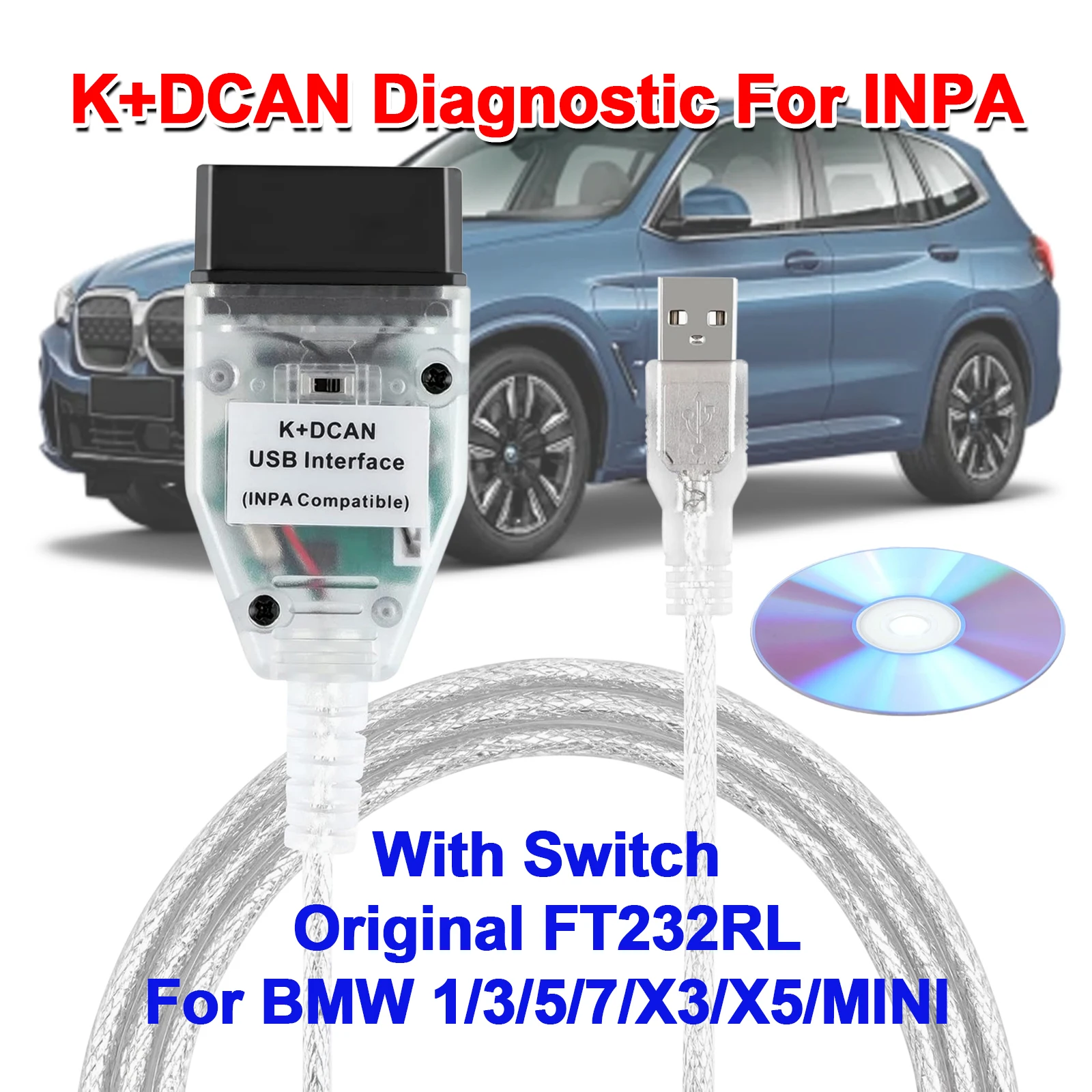 Фото Диагностический инструмент K + DCAN для BMW INPA FTDI FT232RL 9241A с переключателем OBD2, интерфейсный кабель для кодирования NCS, программирование WinFP Tool32 №1