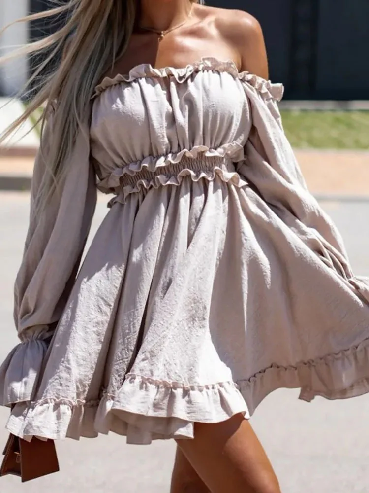 

Женское мини-платье с запахом, элегантное офисное платье-трапеция с воротником-лодочкой, оборками, открытыми плечами и длинным рукавом, одн...