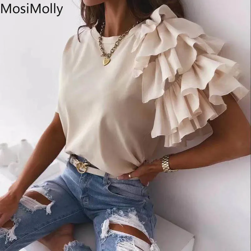 

Женские летние топы 2022, вязаные хлопковые топы, рубашка с оборками на рукавах, удобные топы, футболка, женские блузки, женские блузы