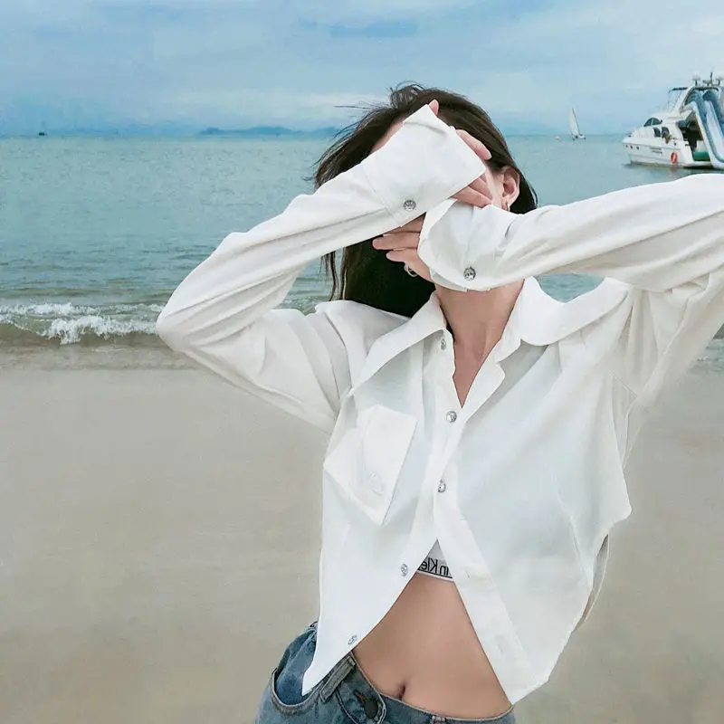 

QWEEK Elegant Female Blouses Harajuku White Shirts Asymmetrical Top Slim Women's Cropped Korean Style Chic Casual Fashion Spring