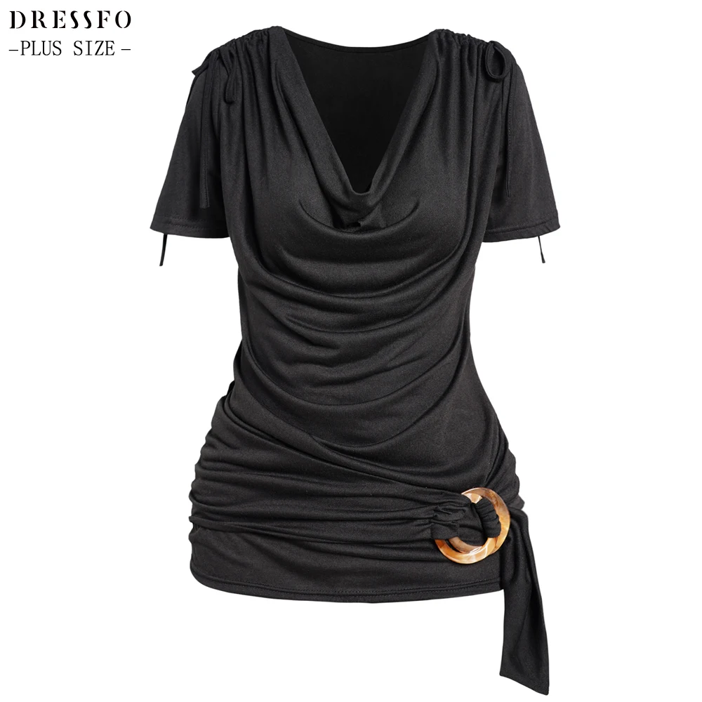 

Dressfo Plus Size L-5XL Pure Black Color Short Sleeve Tops For Women Summer O Ring Cowl Neck Draped Casual Tee