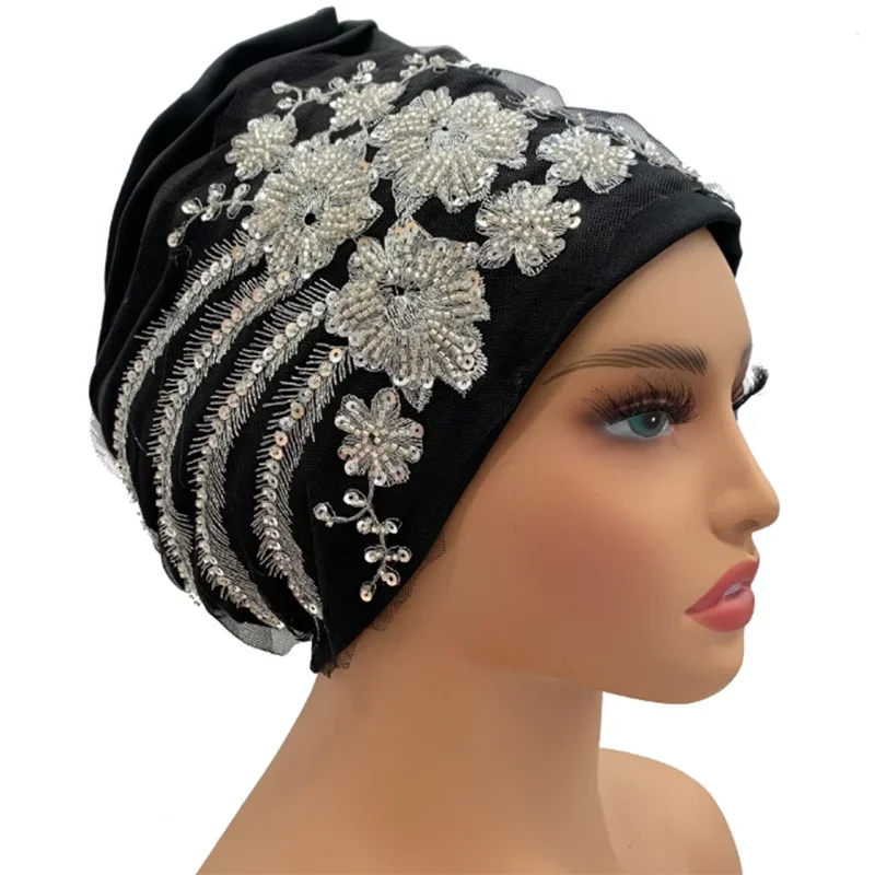 2024 роскошная плиссированная шапка-тюрбан с вышивкой и бисером для женщин