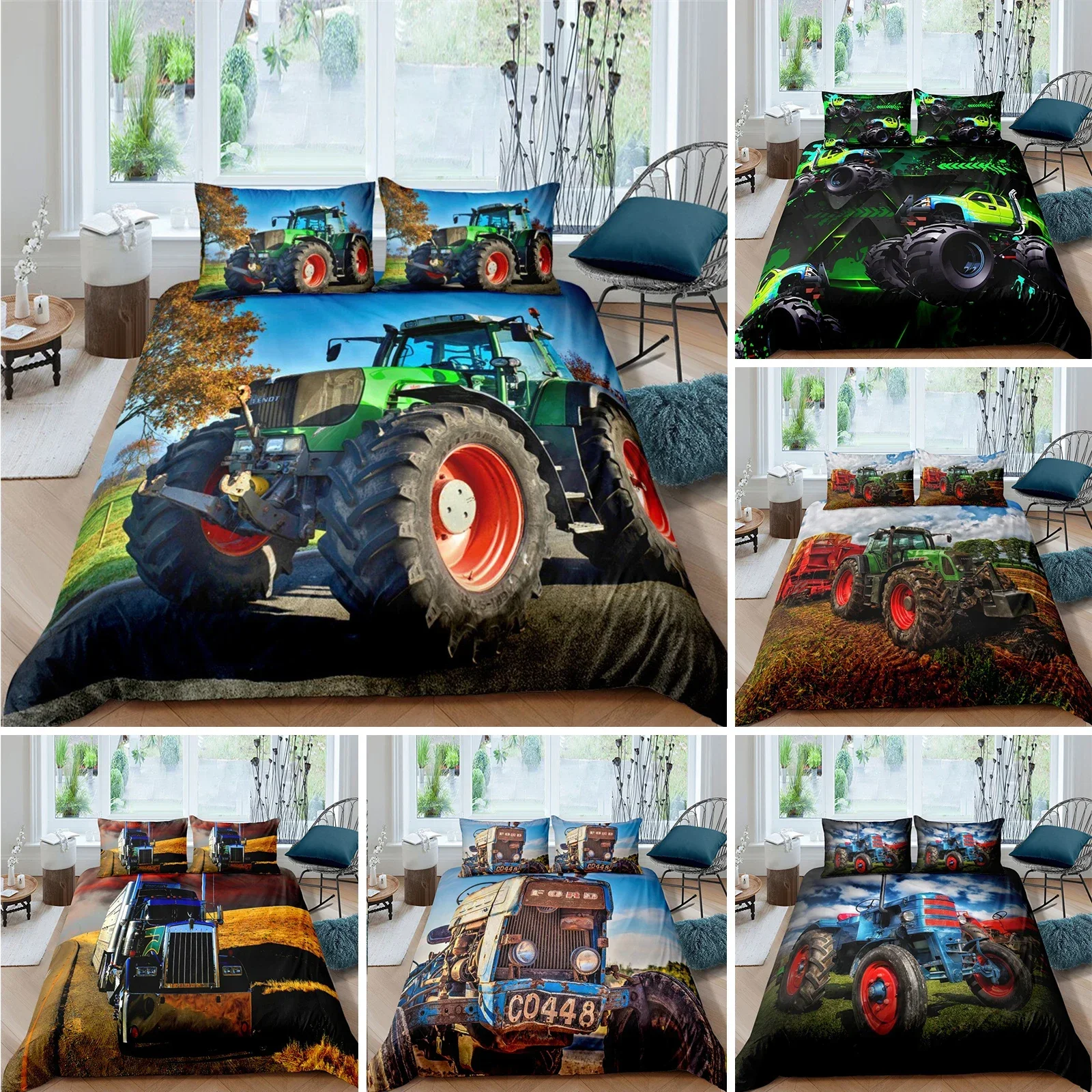 Retro Tractor King Queen Duvet Cover Car Bedding Set Engineering Vehicle Quilt Farm Tool Cart 2/3pcs Polyester