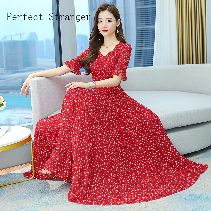 

Vintage Yellow Chiffon Dress Women Dresses Summer 2022 Sukienka W Kwiaty V-Neck Beach Robe Longue Red Maxi Vestidos