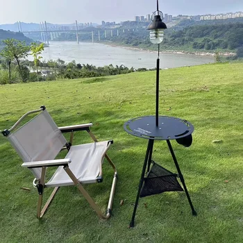 Tryhomy 캠핑 접이식 라운드 테이블, 휴대용 경량 알루미늄 합금 전술 테이블, 하이킹 정원 테이블, 램프 랙 포함