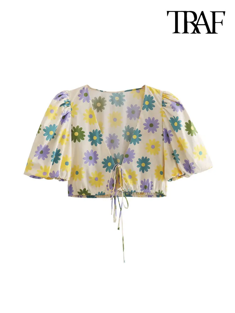 

Модная женская блузка из поплина с цветочным принтом, V-образным вырезом и пышными рукавами