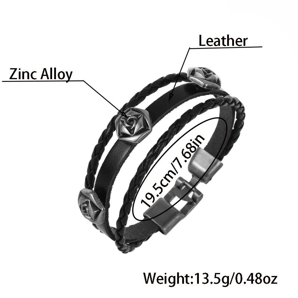 Классический черный кожаный браслет регулируемый размер розовый для мужчин