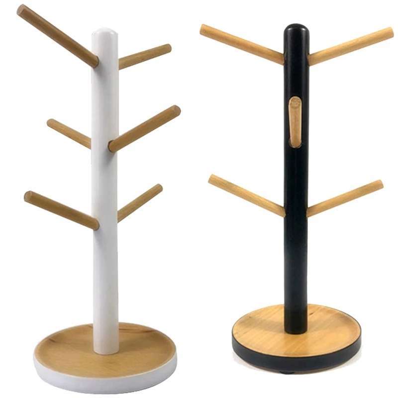 

2 Pcs Wooden Mug Hanging Rack Drinkware Shelf With 6 Hooks Tree Shape Wood Coffee Tea Cup Storage Holder, White & Black