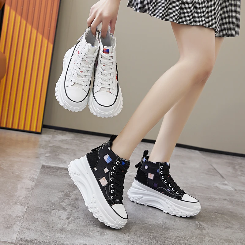 Canvas Platform Sports Shoes for Women 2023 Designer Casual Sneakers Girls Flats Zipper Hidden Heels Chic Elegant Athletic Shoe