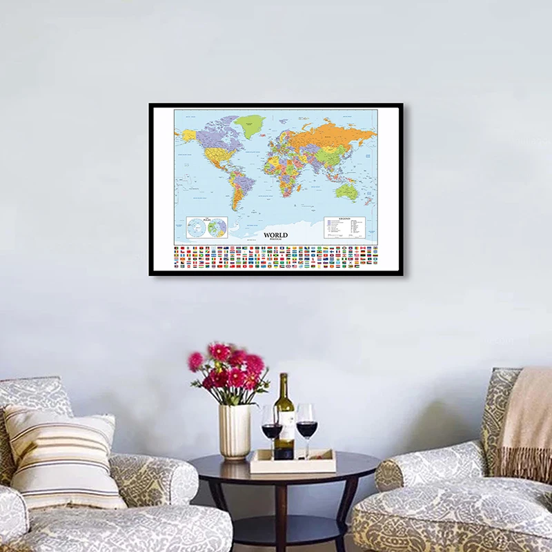

The World Political Map with National Flags 59*42cm Canvas Painting Unframed Poster and Prints Home Room Decor School Supplies