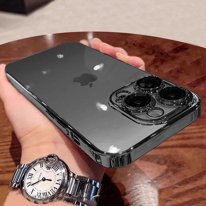Luxury Plating High Transparent Soft Phone Case For IPhone 16 15 14 13 12 11 Pro Max Plus Lens Film Protection Shockproof Cover