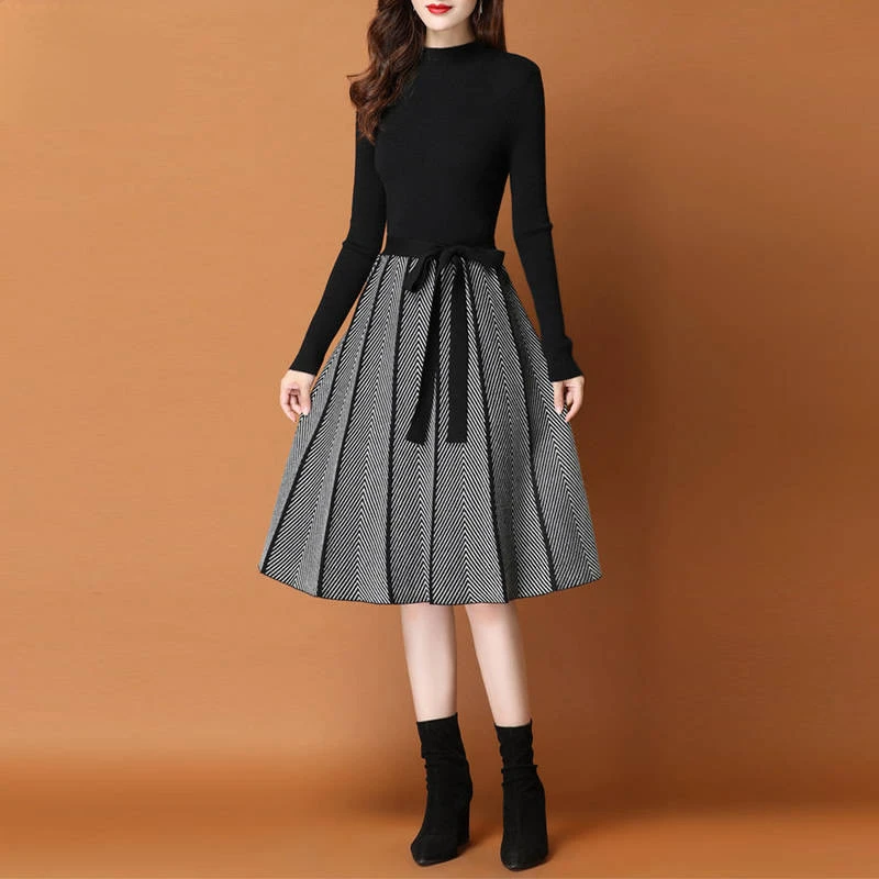 

Elegant Knitted Sweater Pleated Dress Female Autumn Winter Dress Long Sleeve Sweater Women Dress Office Lady Casual Midi Dress