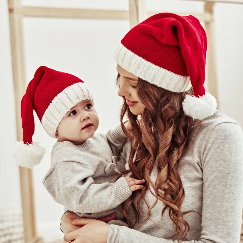 

Christmas Parent-Child Hat Pom Pom Child Girl Boy Beanie Solid Color Warm Crochet Mom Baby Hat Christmas Decoration Accessories