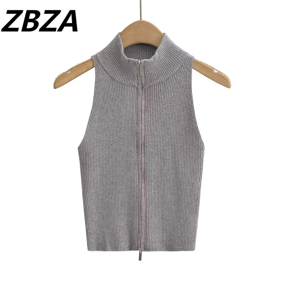 

ZBZA Women 2023 New Fashion Summer Grey Hot Girl Wind Double Zipper Sleeveless Knitwear Vintage Short Female Chic Tops