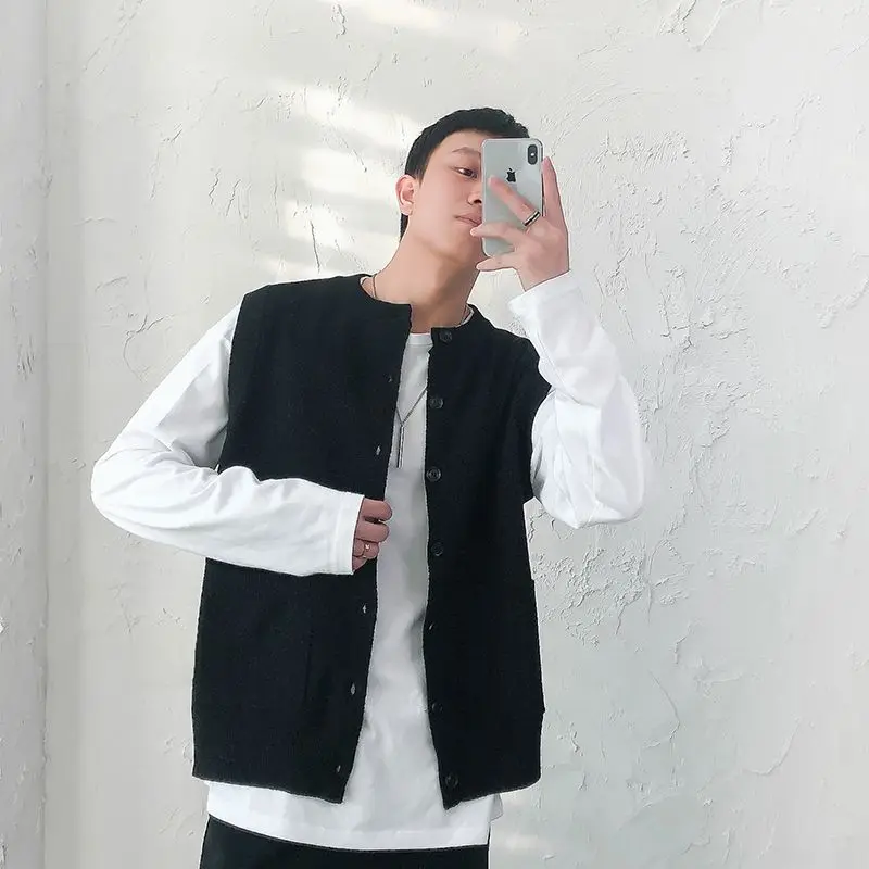 Сплошной цвет мужской вязаный жилет кардиган свитера с круглым вырезом мужская