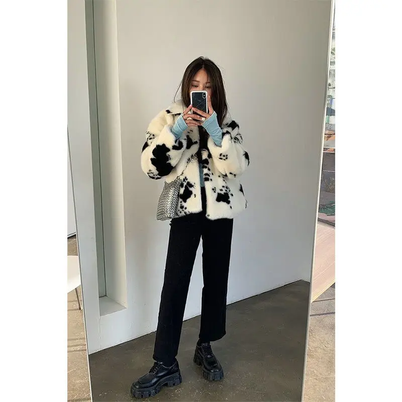 Autumn and Winter New Imitation Mink Fleece Plush Coat Women's Short Fur Coat Black and White Fur Coat