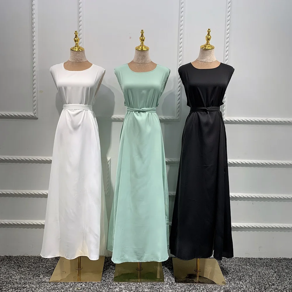 

New Fashion Silky Islamic Inside abayas Robes Fancy Dress French Stylish Modesty Islamic Dress With Belt WY56