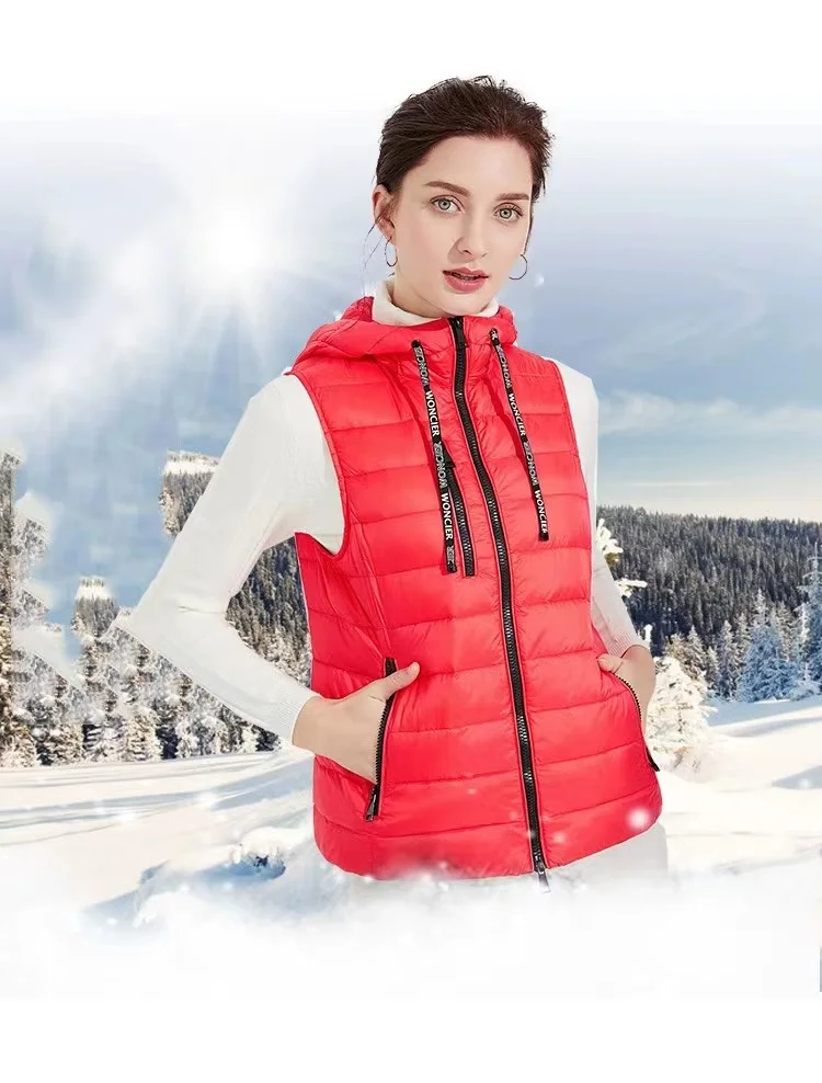 2023 Autumn Winter 90% Down Vest Jacket Female New Fashion Hooded Warm Waistcoat Black Slim Sleeveless  Short Vests Ladies Coat