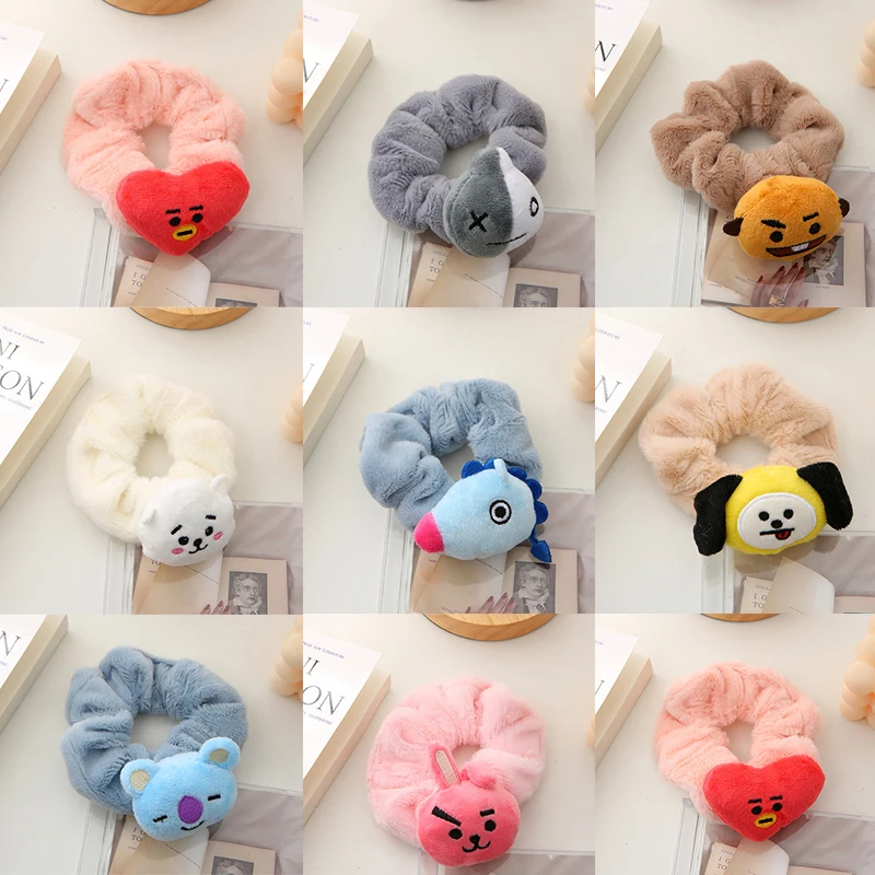 

Мультяшная Bt21 резинка для волос Kawaii Корейский Kpop Лучшие группы плюшевые куклы аксессуары для волос милые кольца для волос с большим кишечни...