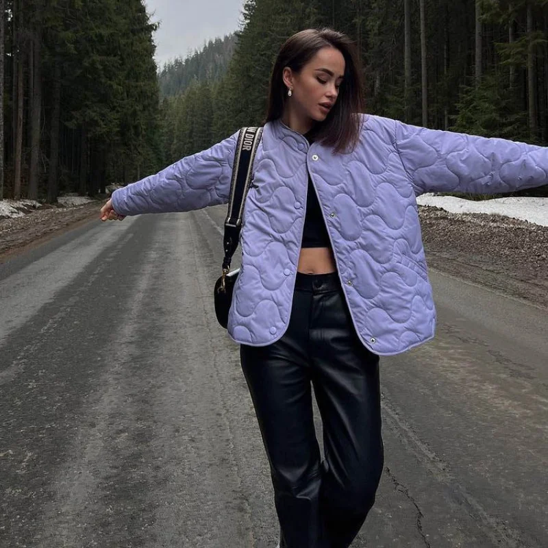 Women's Solid Short Pocket Round Collar Cotton Clothes Casual Loose Temperament Single Breasted Jacket Winter Warm Jacket