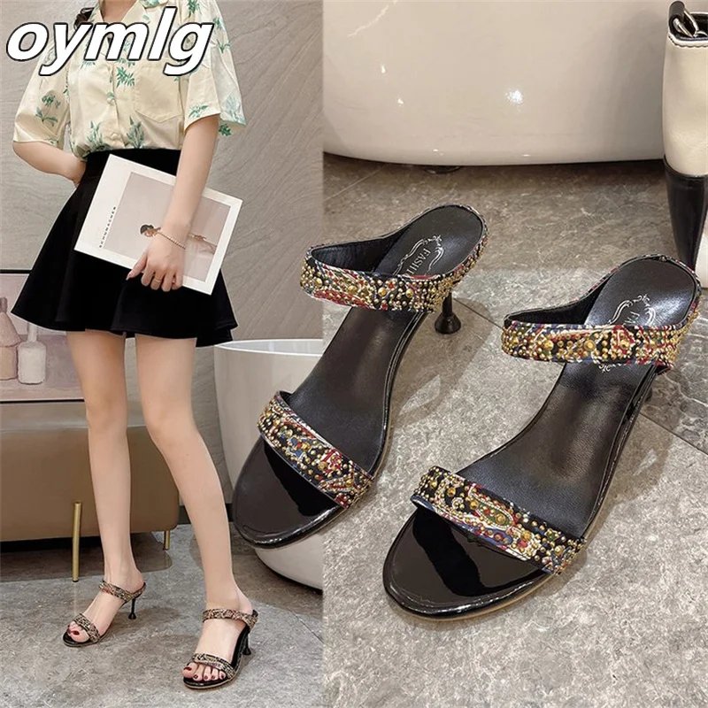 

Large size sandals and slippers women's rhinestone flip flops 2022 summer new outer wear open toe stiletto fairy high heels