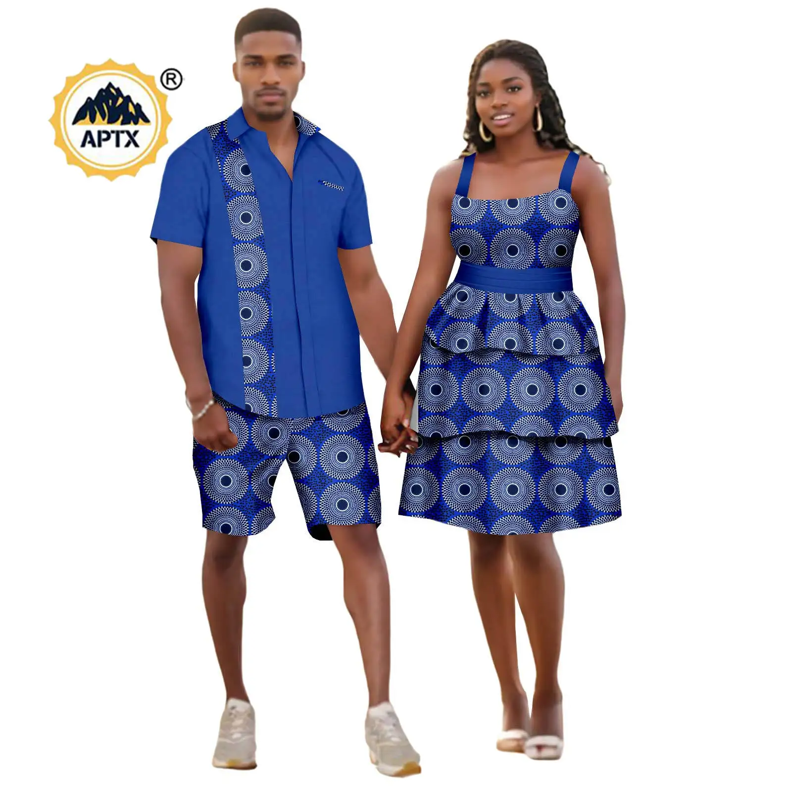African Sexy Print Ruffles Dresses Matching Couple Outfits Bazin Dashiki Men Shirt Top and Pant Sets 24C071