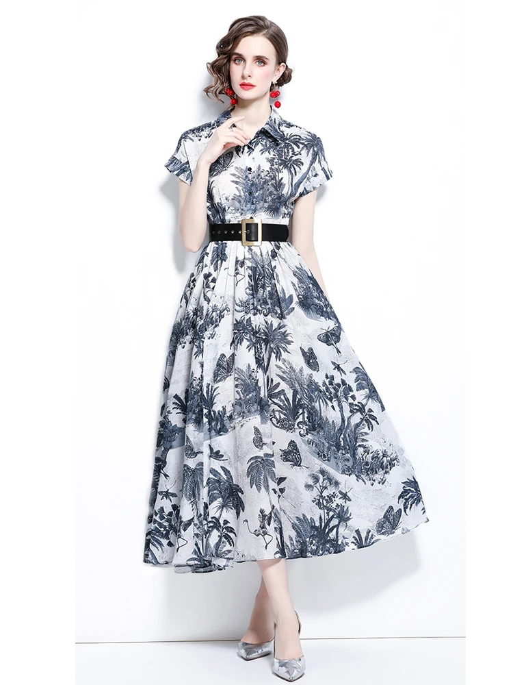 

2022New Jungle Ink Printed Mid-Length Lace-Up Belt Shirt Dress star temperament Summer Women Short Raglan Sleeve Elegant Dress