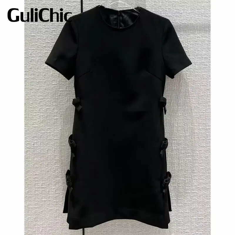 

9.28 GuliChic Women Fashion Round Neck Short Sleeve Solid Color Collect Waist Bow Dress