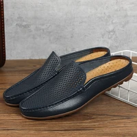 mens summer new brand fashion cow split casual mules male hollow breathable half loafer slippers comfy soft half leisure sandal