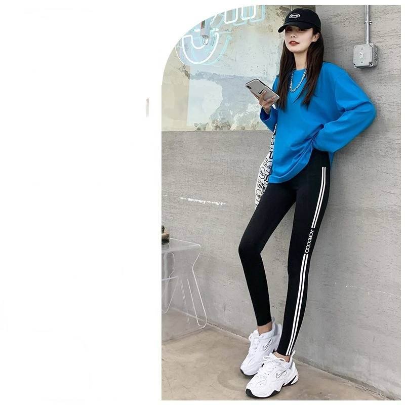 Shark Pants Women's Outer Wear High Waist, Abdomen and Hip Lifting Yoga Fitness Bottoming and Plush New Side Vertical Strip