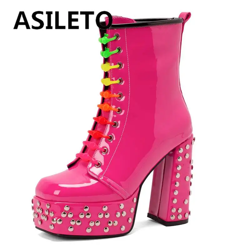 

ASILETO Fashion Women Mid-calf Boots Platform Block High Heels Lace-up Rivets Patent leather Sexy Plus Size 33-48 Square Toe