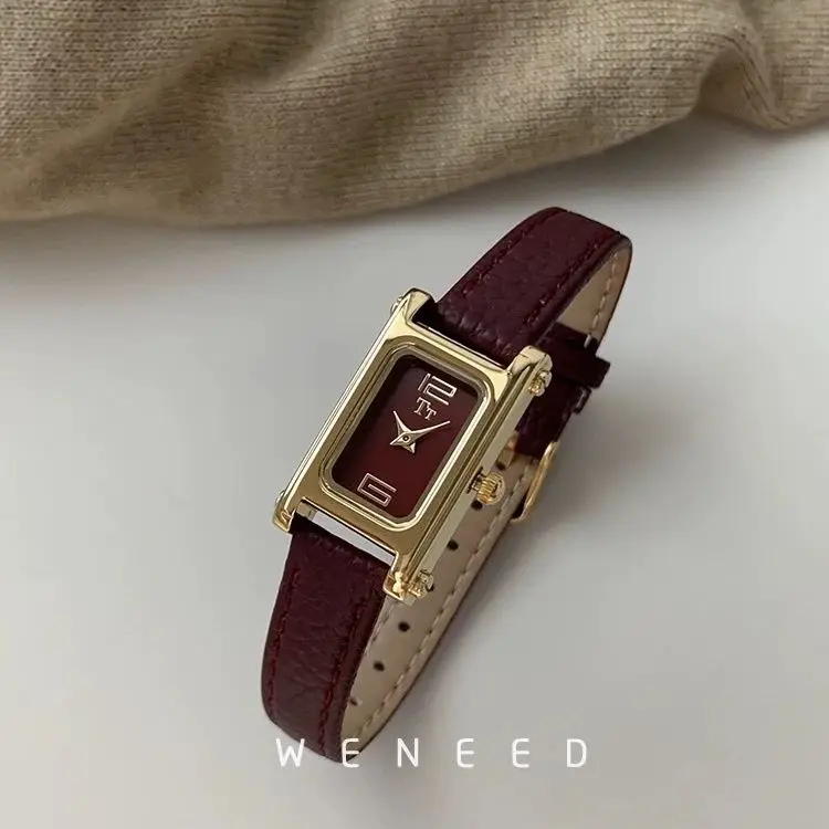 Фото Женские кварцевые часы PEIYING Ankola Red: ретро-стиль, квадратный корпус, простой маленький циферблат, кожаный ремешок, модные №4