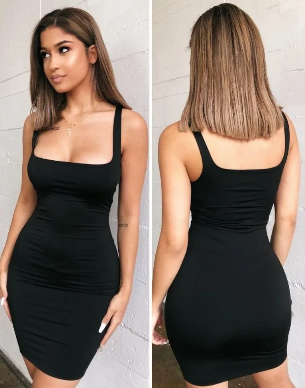 

Square Neck Sleeveless Bodycon Mini Dress Basic Women Summer Black Backless Party Sexy Yellow Clubwear 2022 Dresses