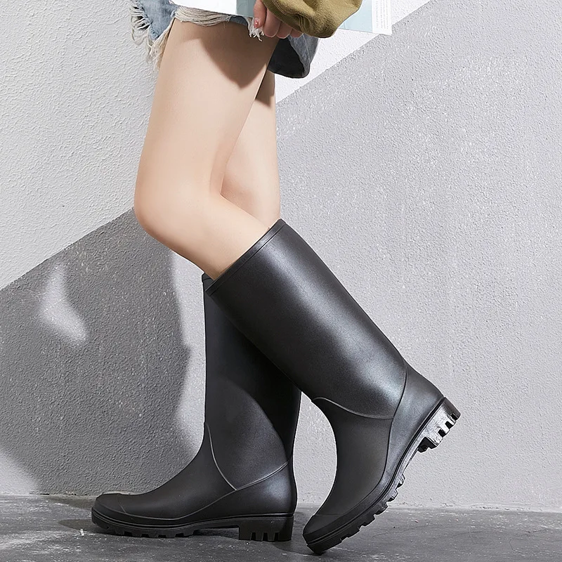 Women Non-slip PVC Rain Shoes High Tube Thicken Rain Boots Outdoor Flat With Knee-High Work Water Shoes Woman