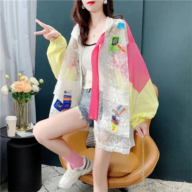 

Куртка женская Солнцезащитная с кружевом, модная повседневная свободная дышащая верхняя одежда в Корейском стиле, в стиле пэчворк, дикая верхняя одежда, на лето