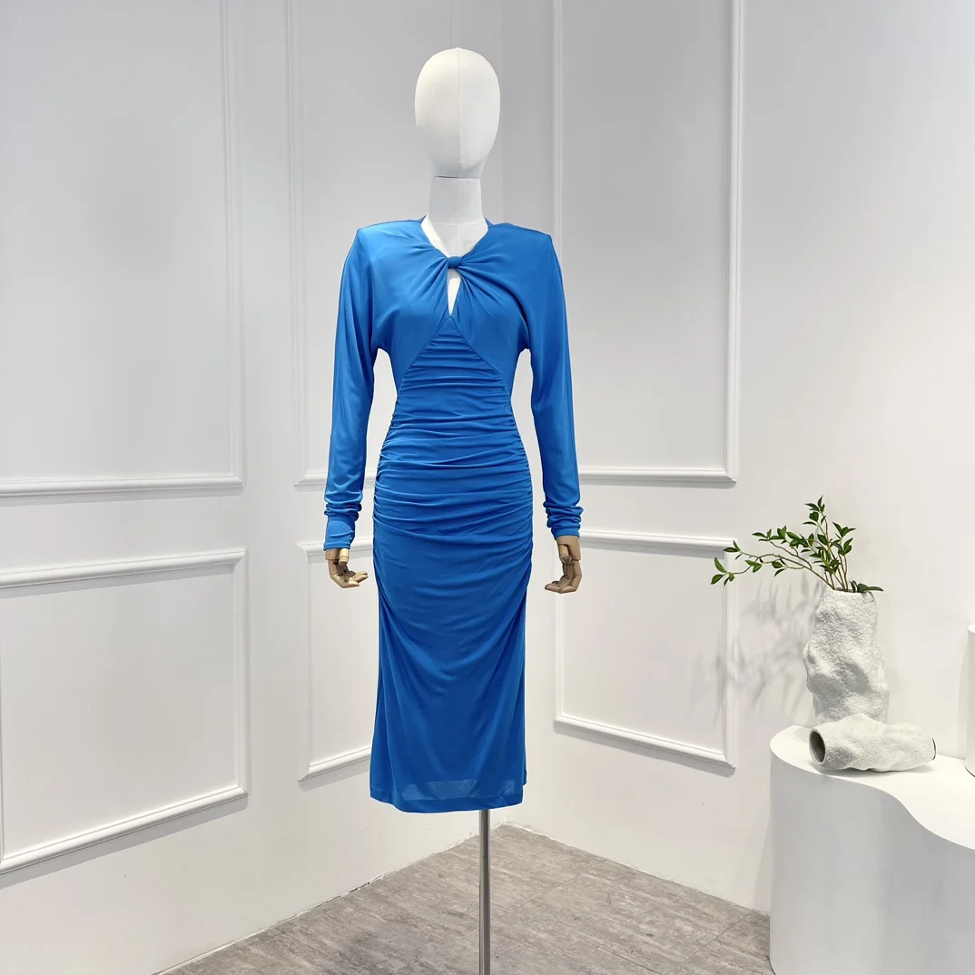 

Top Quality Original Style 2023 New Spring Collectin Solid Blue Cut Out Slim Fit Sexy Women Midi Dress for Party