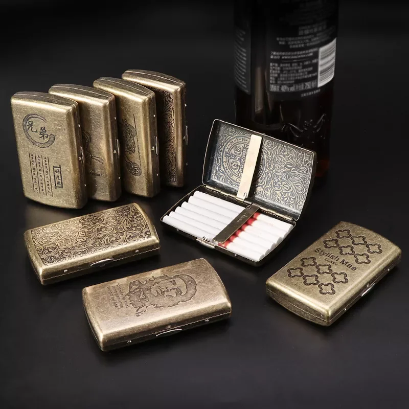 

Vintage Metal Brass Cigarette Case with Gift Box Container 12 Pcs Regular Size Cigarettes Tobacco Holder Pocket Box Storage
