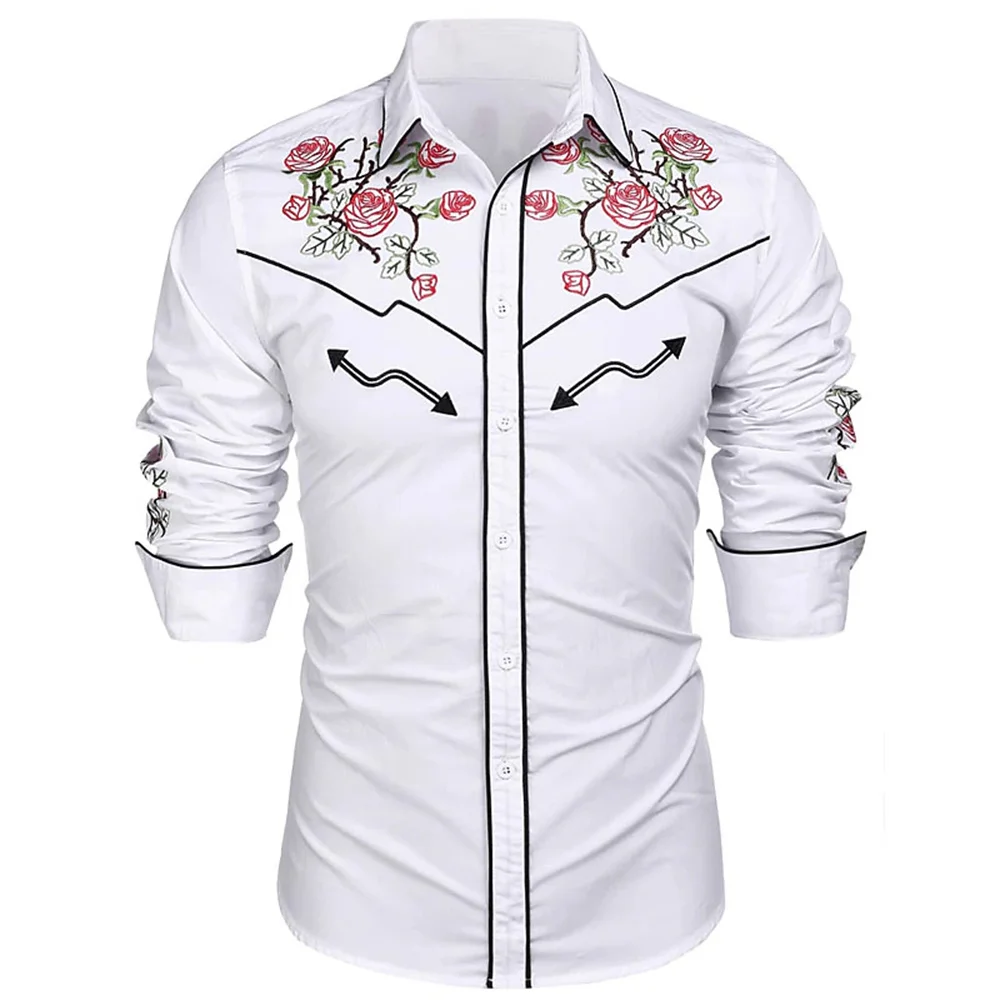Western Printed Shirt Rose Pattern 3D Street Long Sleeve Button Fashion Street Apparel Designer Western Style 2023