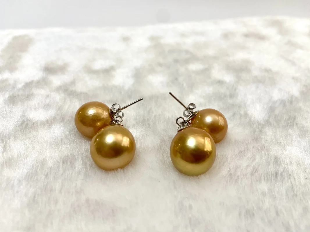 

Fashion Golden Long Hanging Earrings Natural Sea 13-14mm Round Pearl Earrings for Women Genuine Wedding Jewelry Gifts