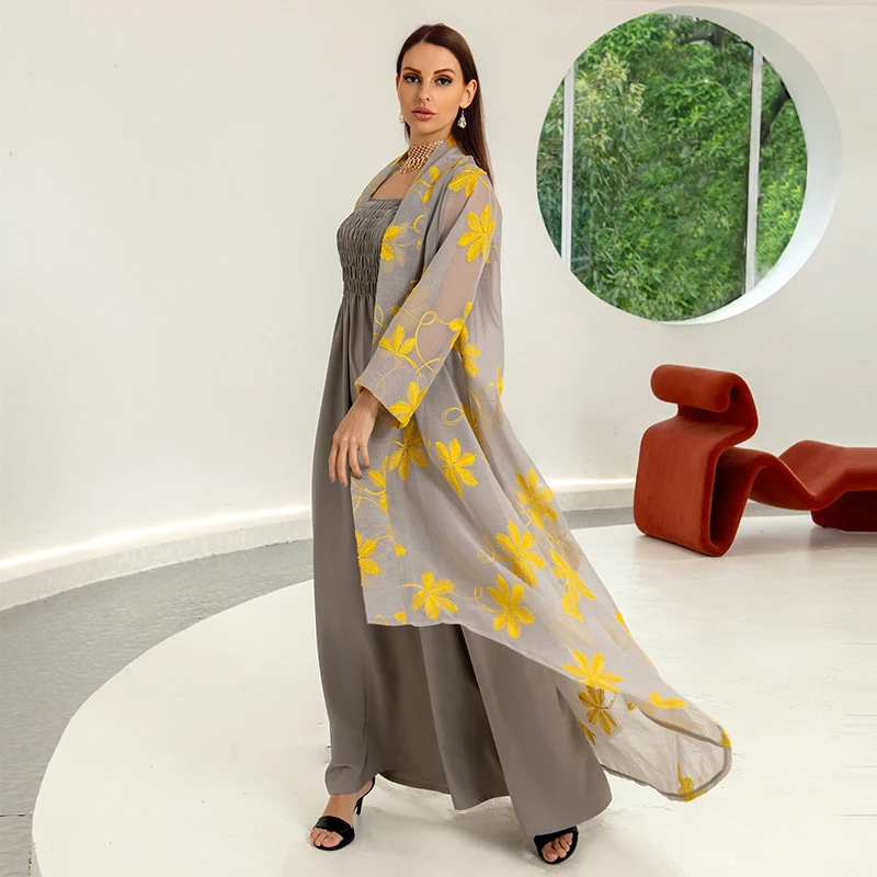 Mesh 2 Piece Abaya Set Muslim Embroidery Long Slip Flower Maxi Dress For Women With Belt Islamic Arab Dresses Dubai And Turkish