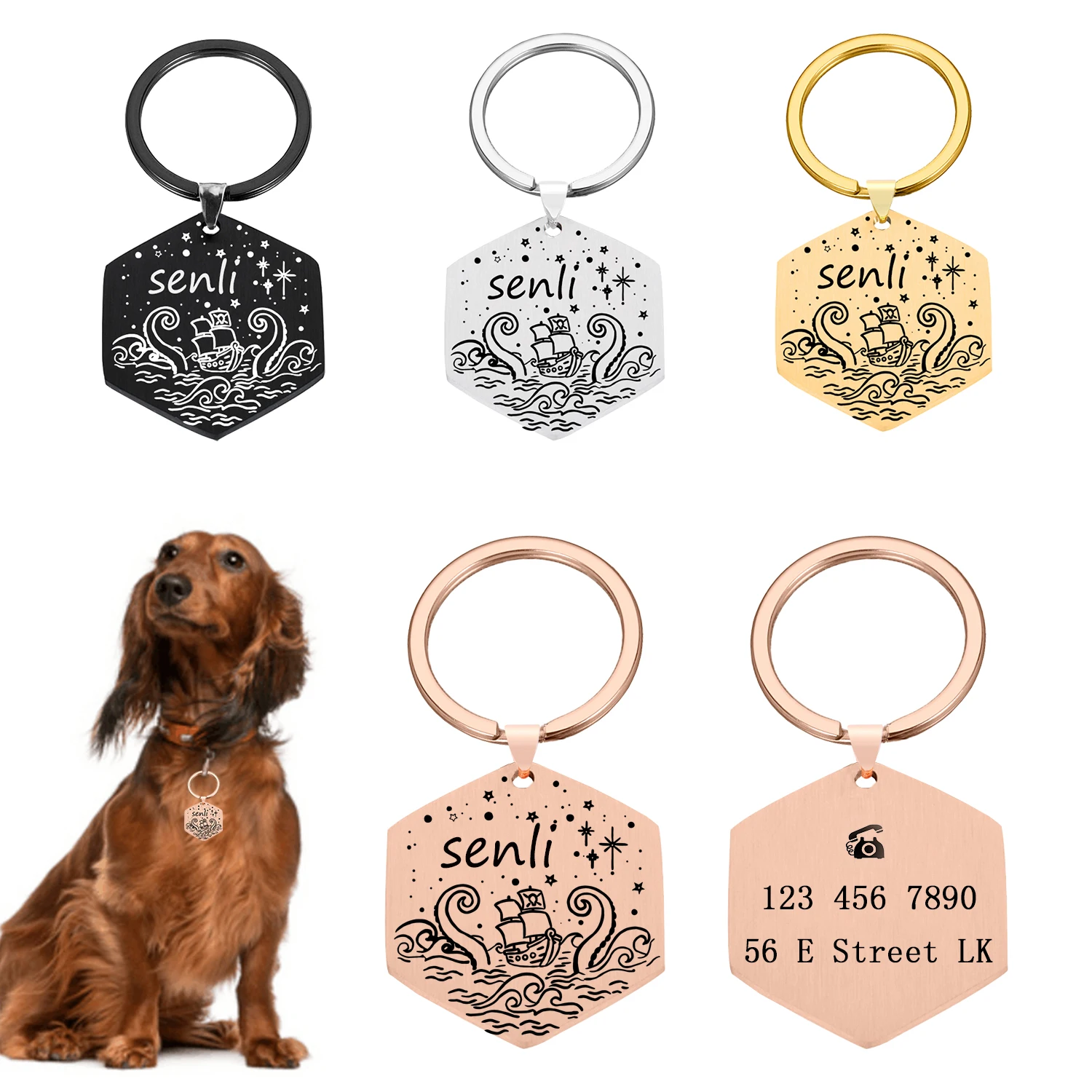 

Personalized Pet id Tag Cat Dog Accessories Hexagon Stainless Steel Puppy Collar Free Engraving Anti-lost Name Back and Front