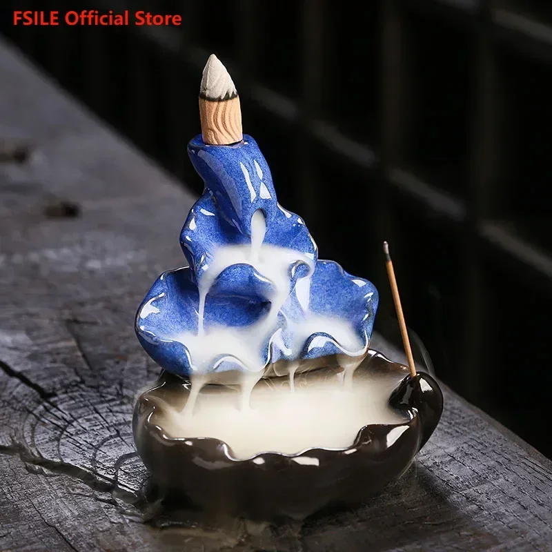 

FSILE Ceramic Reflux Incense Incense Burner Ornaments Creative Lotus Reflux Incense Burner Sandalwood Burner Home Decorations