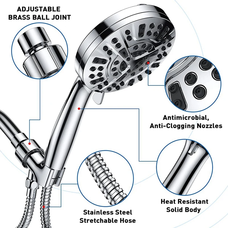 

Shower Head With Handheld-10 Spray Setting Water Saving Shower Heads Chrome ABS For Tubs Tiles/Walls/Pets Cleaning
