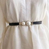 women waist belt elastic thin versatile adjustable faux leather creative pearl buckle ladies waistband dress belt for daily wear