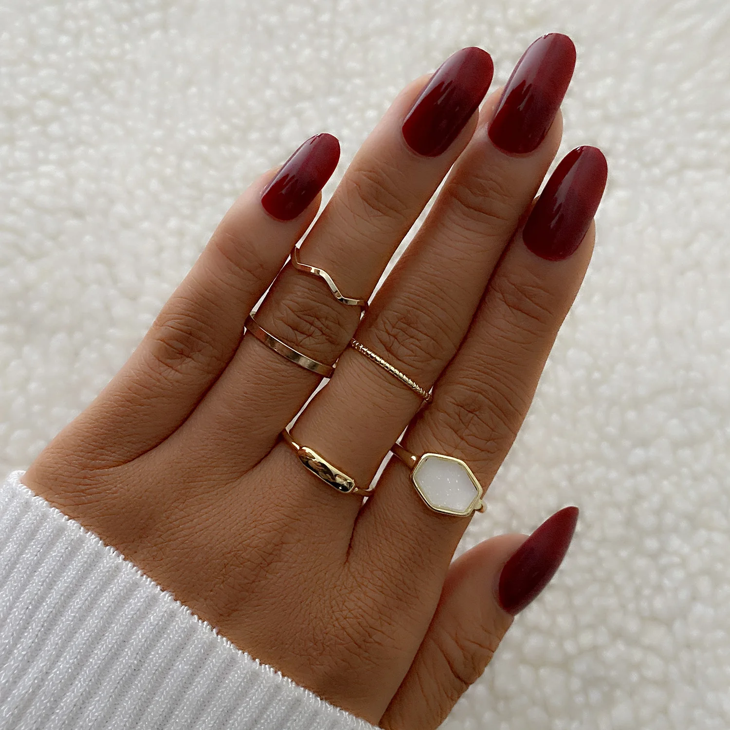 

New Korea Vintage Stacked 5pcs/set Rings for Women White with Sequins Stone Slim Geometry Gold Color Finger Ring Party Jewelry