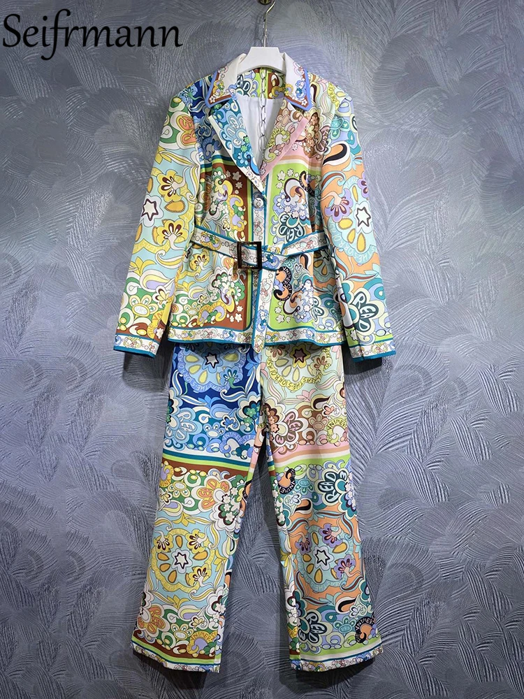 

Seifrmann High Quality Summer Women Fashion Runway Pants Sets Colorblock Small Floral Printed Long Sleeve Coat + Long Pants Suit