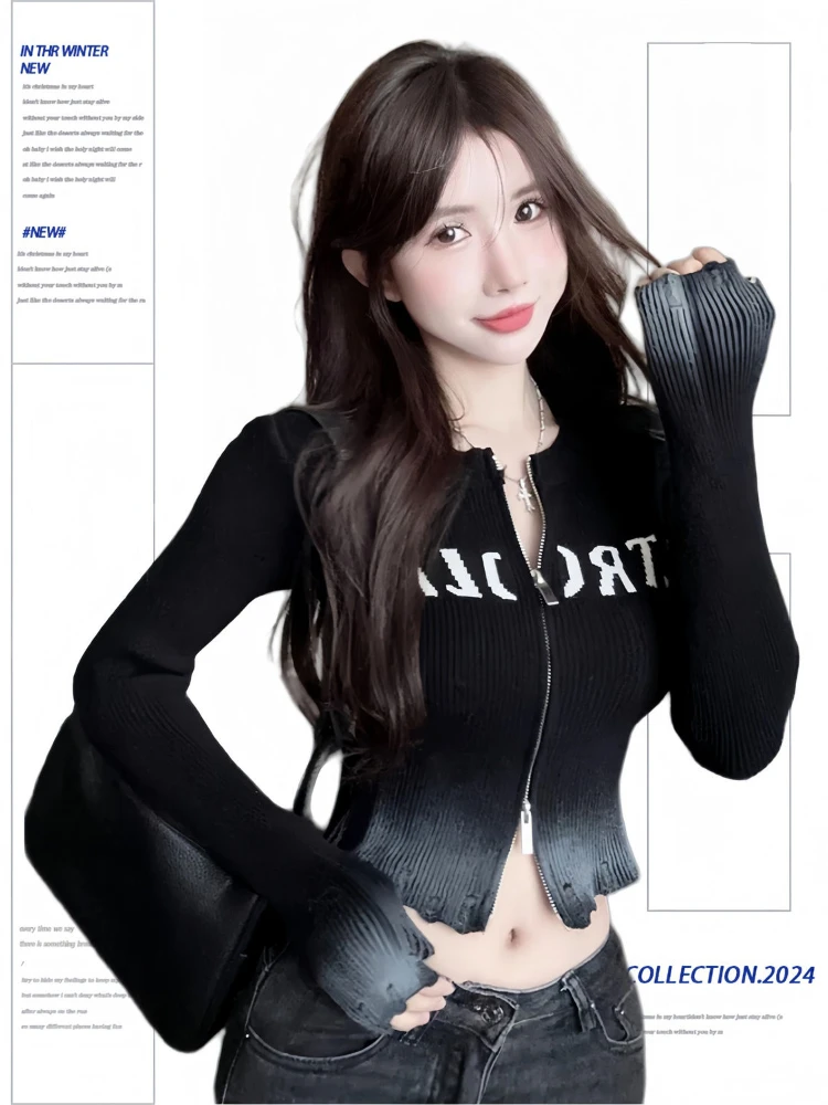 QWEEK винтажный черный кардиган с буквенным принтом для женщин 2024 осень-зима теплый