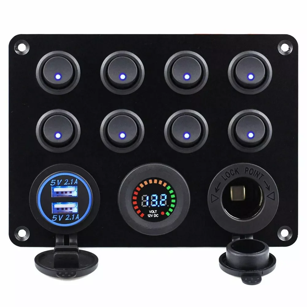 

Gang Boat Switch Panel Car Switch Waterproof Digital 12-24V Dual USB Voltmeter Port Outlet Combination Marine LED Rocker